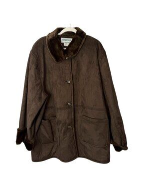 Fitzwright Womens Size 3X Brown Faux Suede Jacket Faux-Fur Button Up Vintage